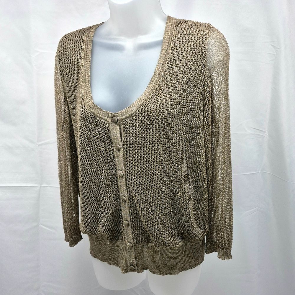 Escada Vintage Metallic Gold Knit Cardigan Sweater 3/4 Sleeve 46 XXL